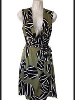Diane Von Furstenberg Olive Green, Black & White Sleeveless Wrap Dress